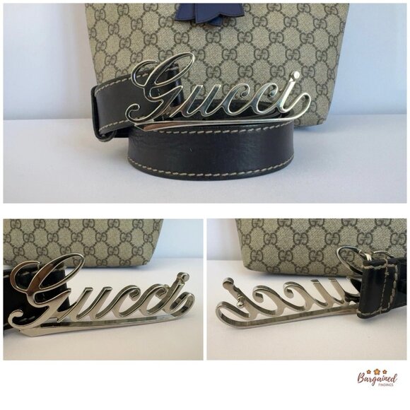 Authentic GUCCI Black Leather Silver Italics Script Logo Buckle Belt 90/36 - Picture 3 of 13